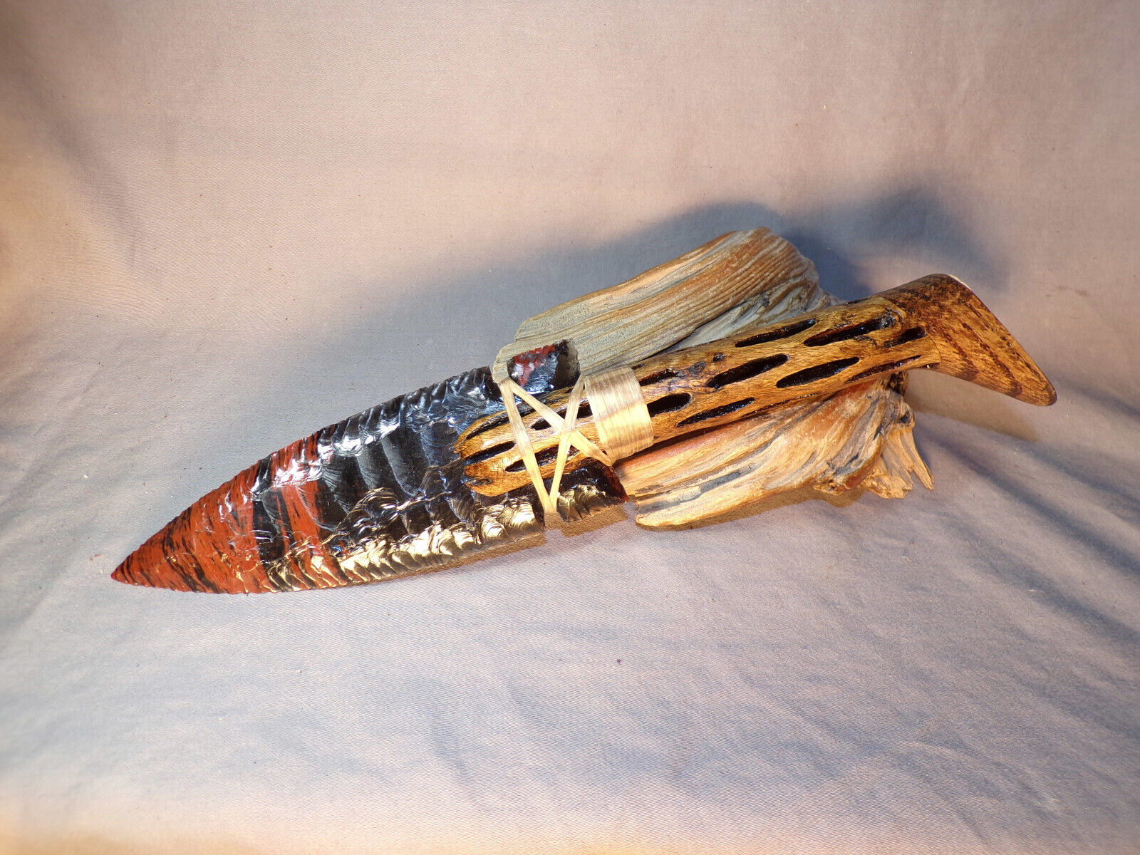 Triple Flow Obsidian Fox Ear Knife w Cholla Cactus Wood Handle Flint Knapping