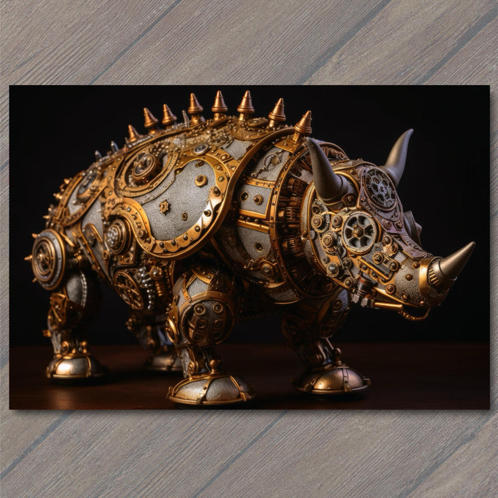 POSTCARD Rhinoceros Revamp: Steampunk Rhino Horn Fascinating Mechanical Metal