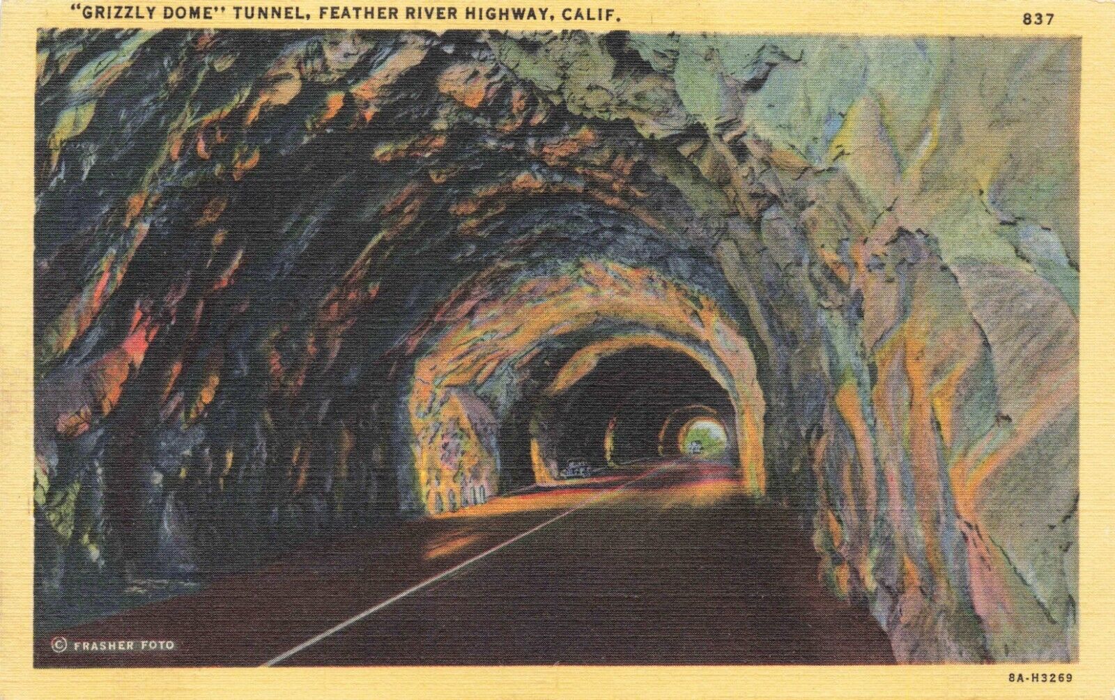Postcard CA Grizzly Dome Tunnel Feather River Highway Linen Automobiles Cars