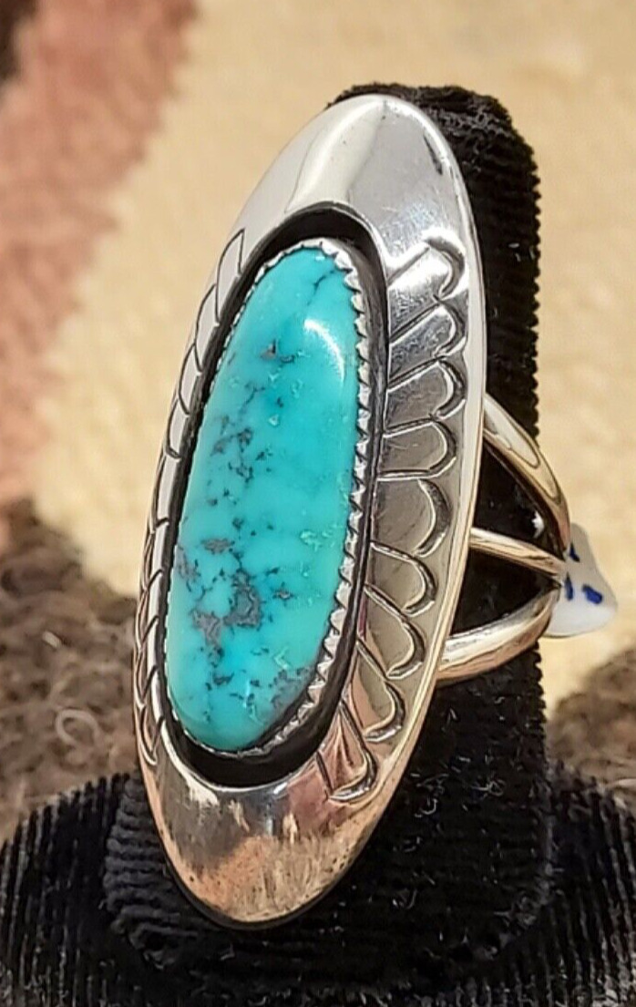 Navajo Sz 8.5 Morenci Turquoise Ring Silver Signed Jackson Native American USA