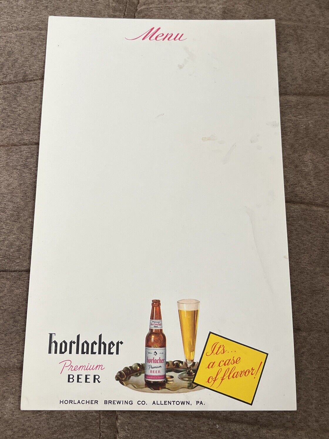 HORLACHER PREMIUM BEER PAPER MENU Its A Case Of flavor 6.75\