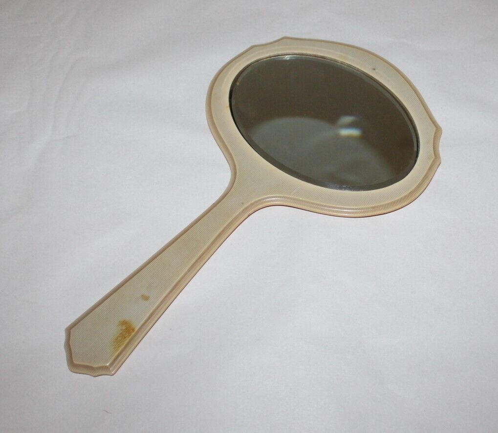Vintage Celluloid Hand Held Oval Vanity Mirror with Beveled Glass With Monogram