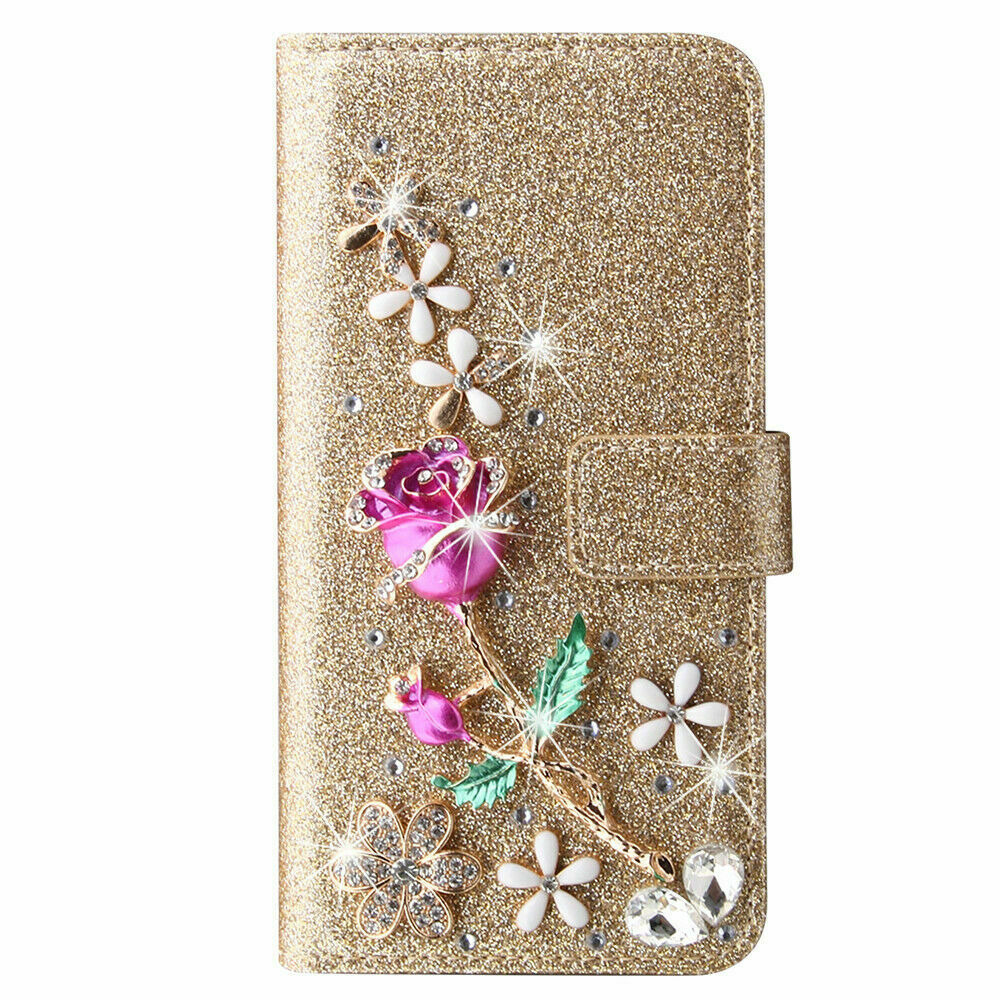 Flip Bling Diamond Rose Flower Wallet Phone Case For Huawei Mate 10 P30 P40