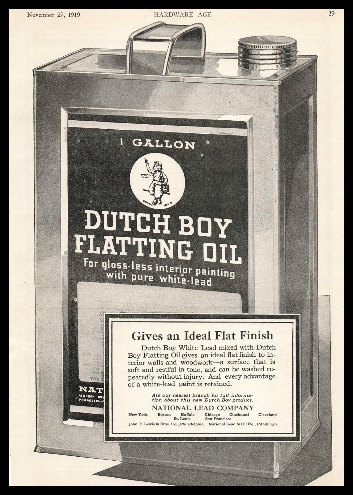 1919 Dutch Boy Flatting Oil 1 Gallon Can National Lead Company Vintage Print Ad