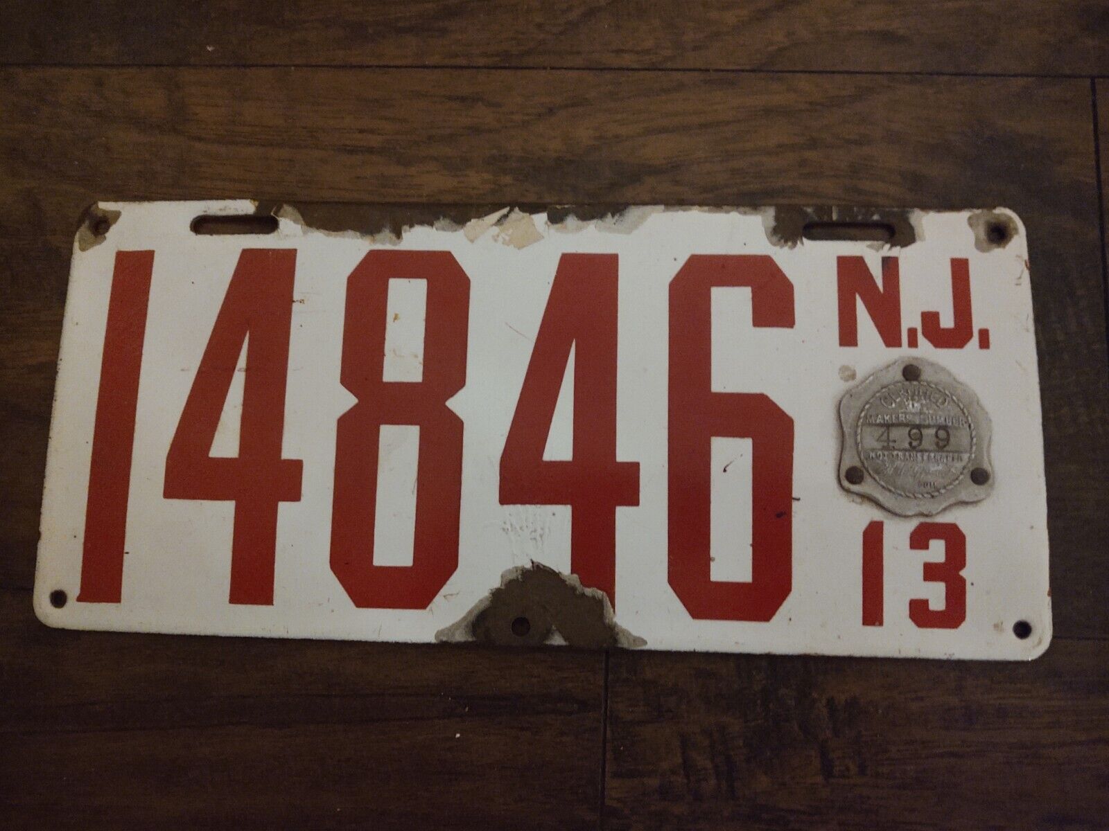 1913 New Jersey NJ Porcelain License Plate 14846