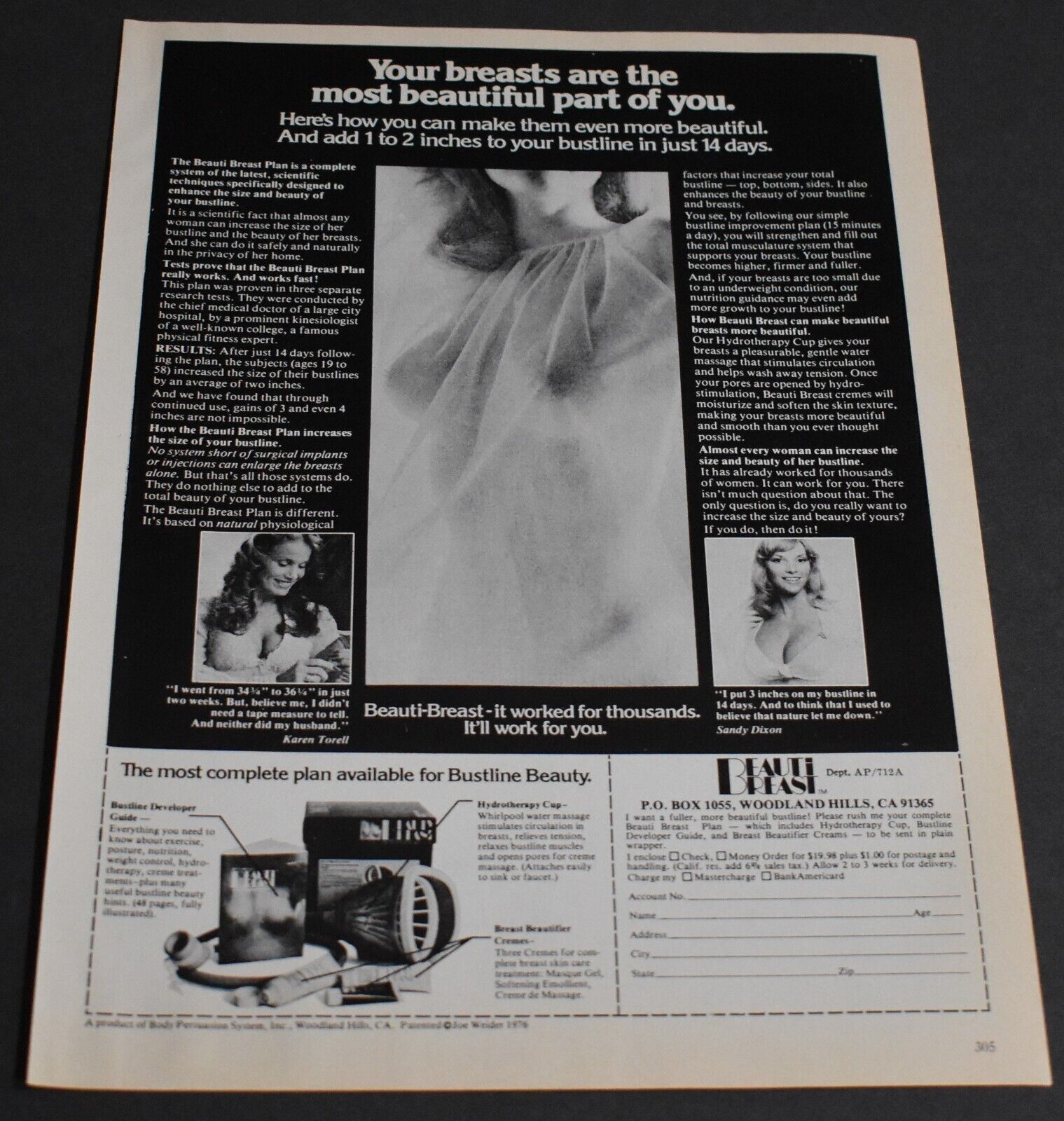 1977 Print Ad Beautiful Breasts Beauti Woodland Hills CA Bustline Sexy art lady