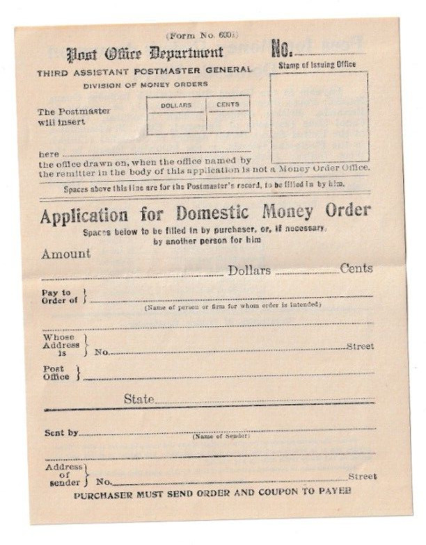 Antique 1915 Application for Domestic Money Order Fee List Post Office Form 6001