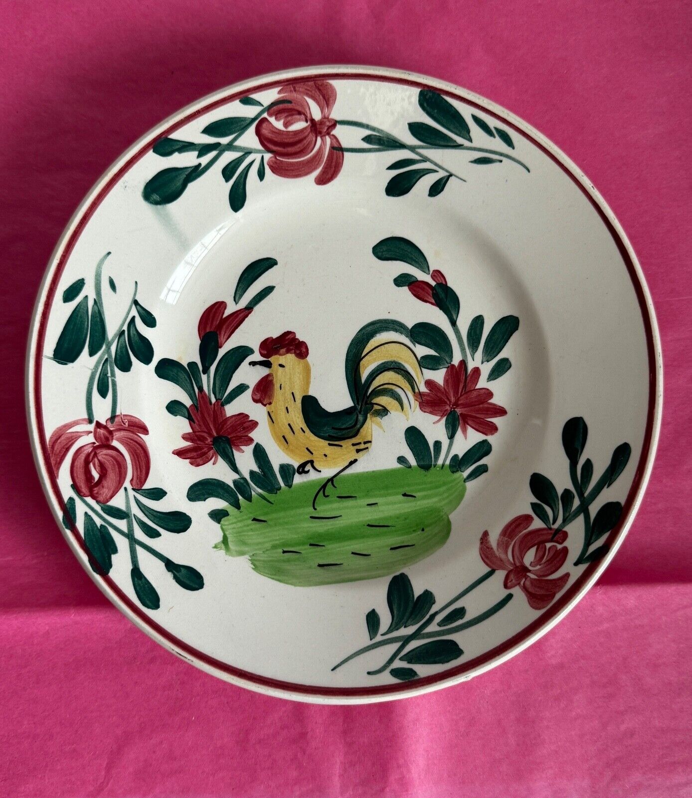 Creil et Montereau French Vintage Hand Painted Ceramic Rooster side Plate, 1900s