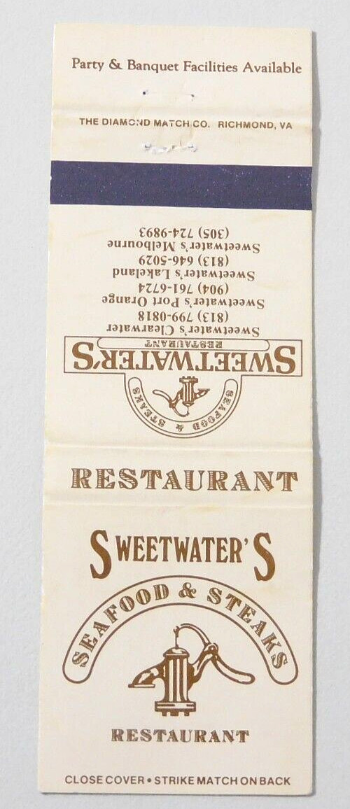 SWEETWATER\'S SEAFOOD & STEAKS MATCHBOOK COVER * CLEARWATER- PORT ORANGE-LAKELAND