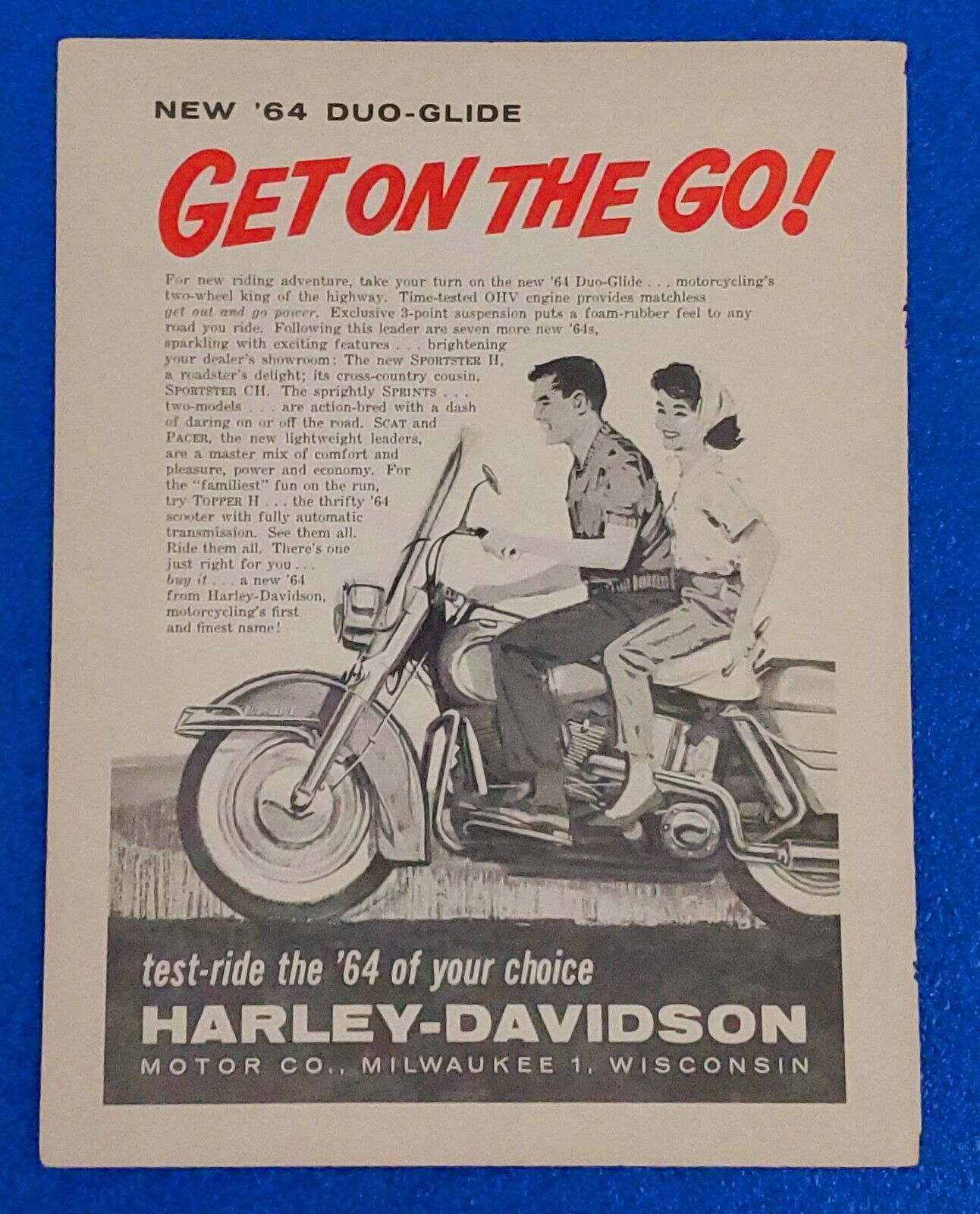 1964 HARLEY DAVIDSON MOTORCYCLE DUO-GLIDE ORIGINAL COLOR PRINT AD GET ON THE GO