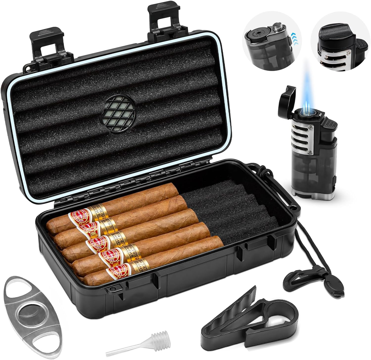 Travel Cigar Humidor - Portable Cigar Case Kit with Cigar Lighter (Without Gas)