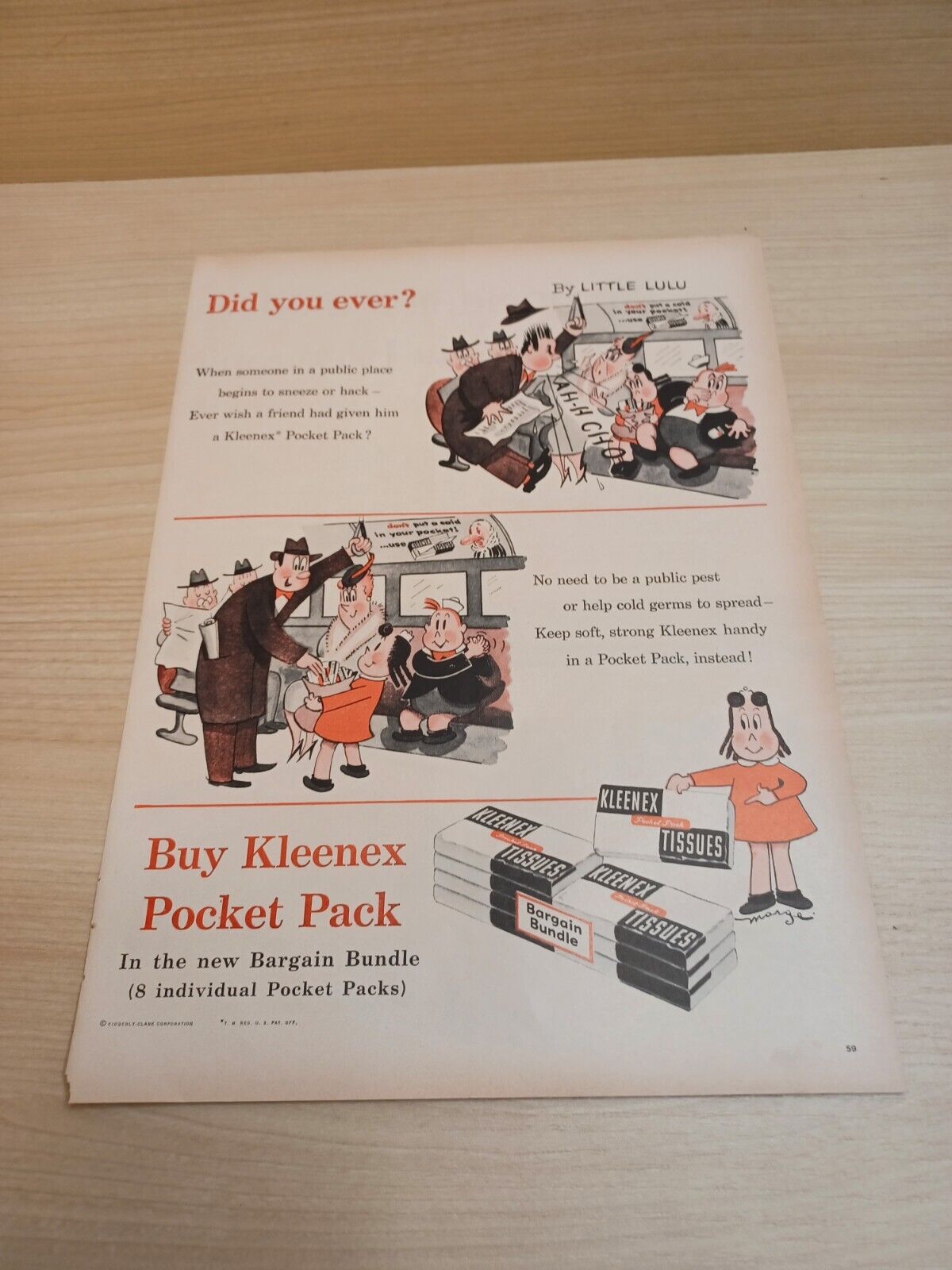 Kleenex Tissues Pocket Pack Cartoon 1955 Vintage Print Ad Life Magazine