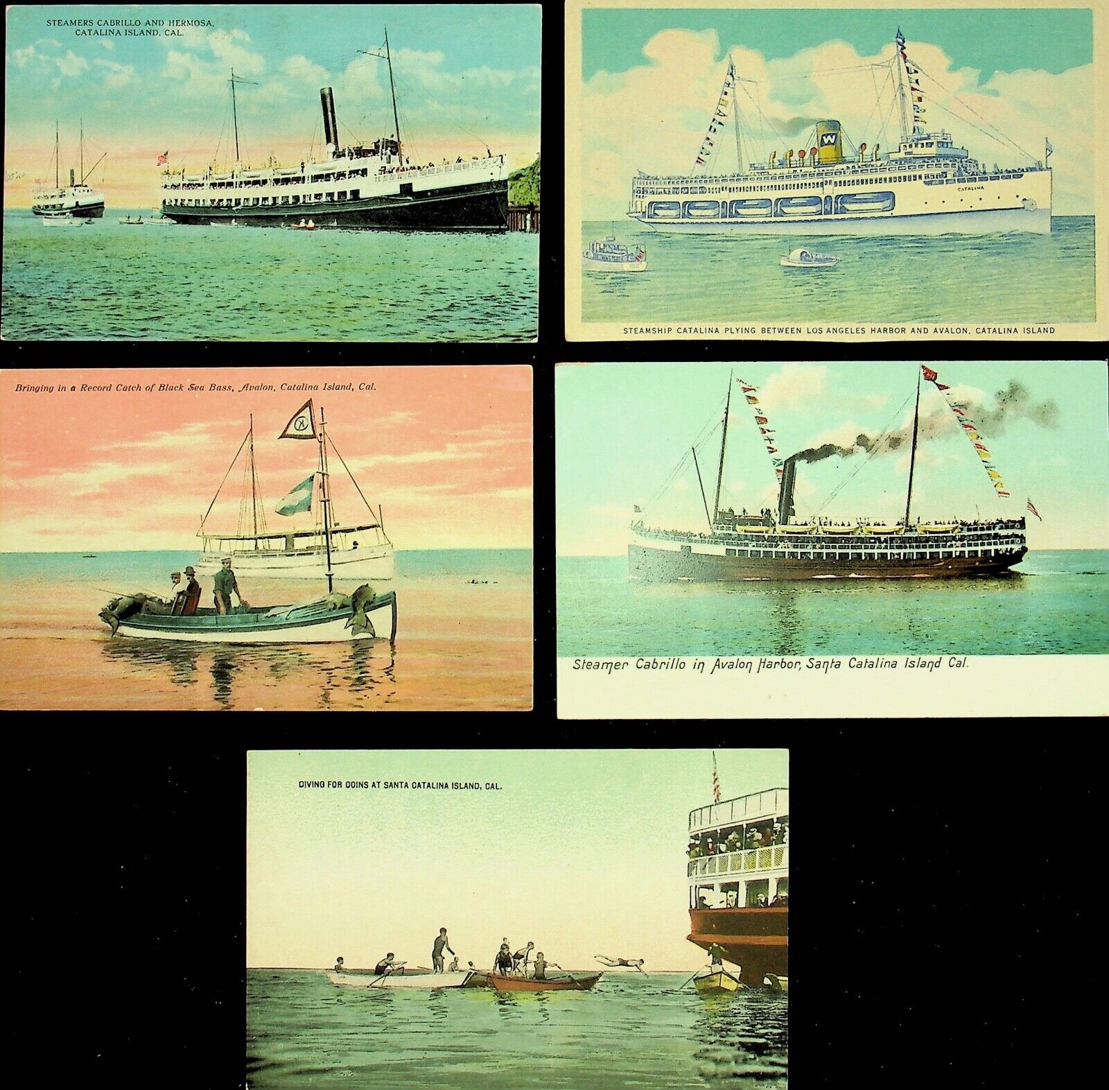 FIVE Vintage Catalina Island, California Boat Postcards - AA-9
