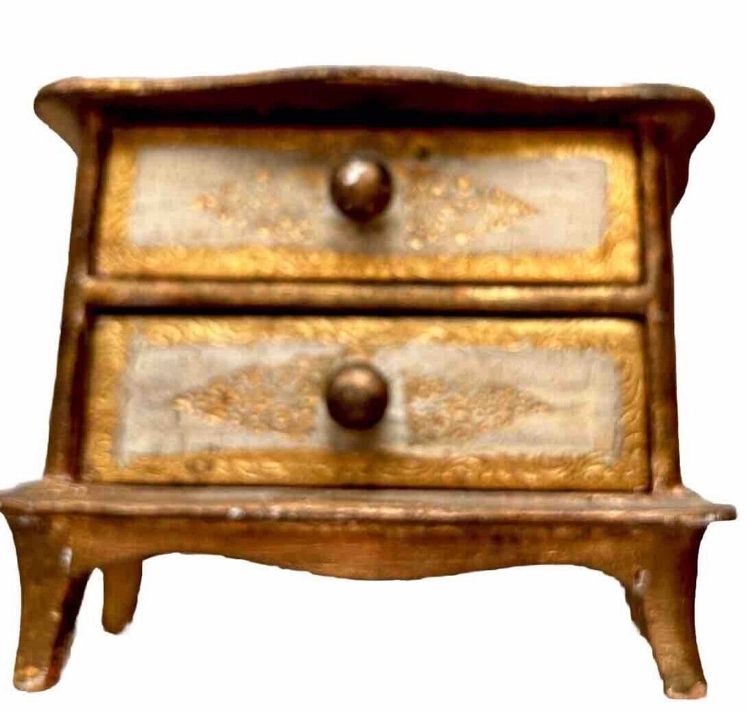 DECORATIVE FLORENTINE WOOD CHEST - ITALY- 2 DRAWER -ANTIQUED GOLD -HANDMADE