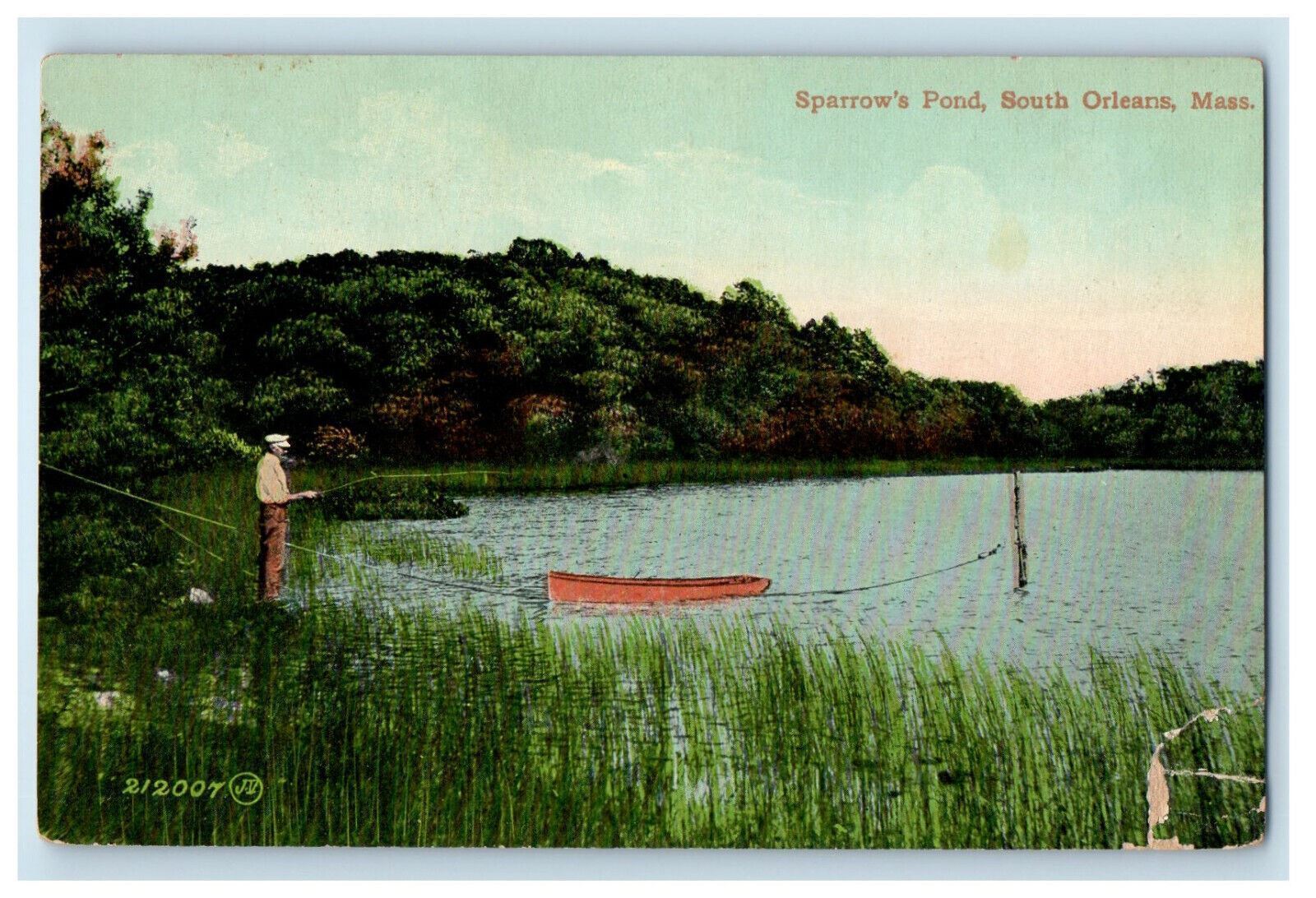 c1910 Fishing in Sparrow's Pond, South Orleans MA Unposted Antique Postcard