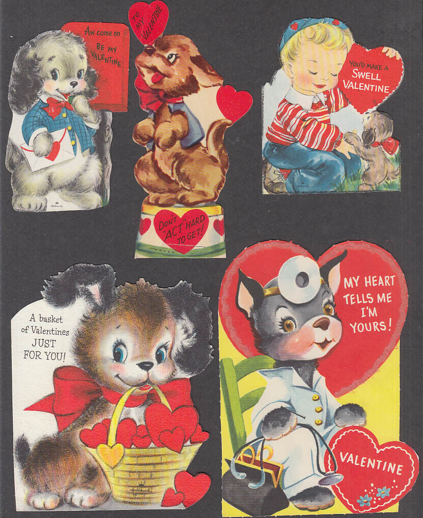 EIGHT different dog-motif Valentine cards 1950s one flocked