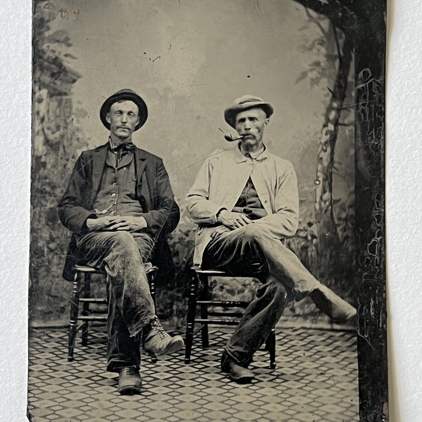Antique Tintype Photograph Handsome Men Rascally Fellows Pipe In Mouth & Boots