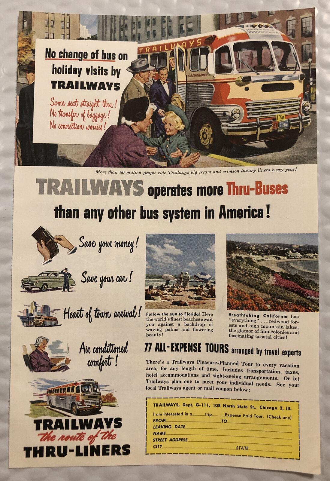 Vintage 1951 Trailways Original Print Ad Full Page - Operates More Thru-Buses