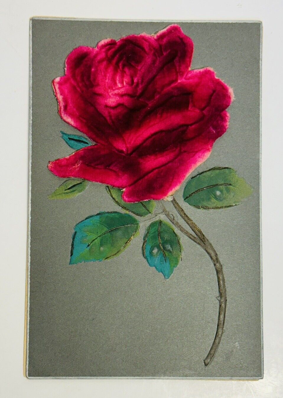 Antique Embossed Postcard Pink Rose Flower Felt Unposted