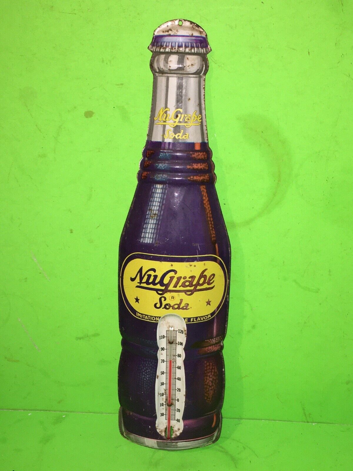 Vintage Original NUGRAPE Soda Thermometer Embossed Bottle Tin Sign Rare Antique