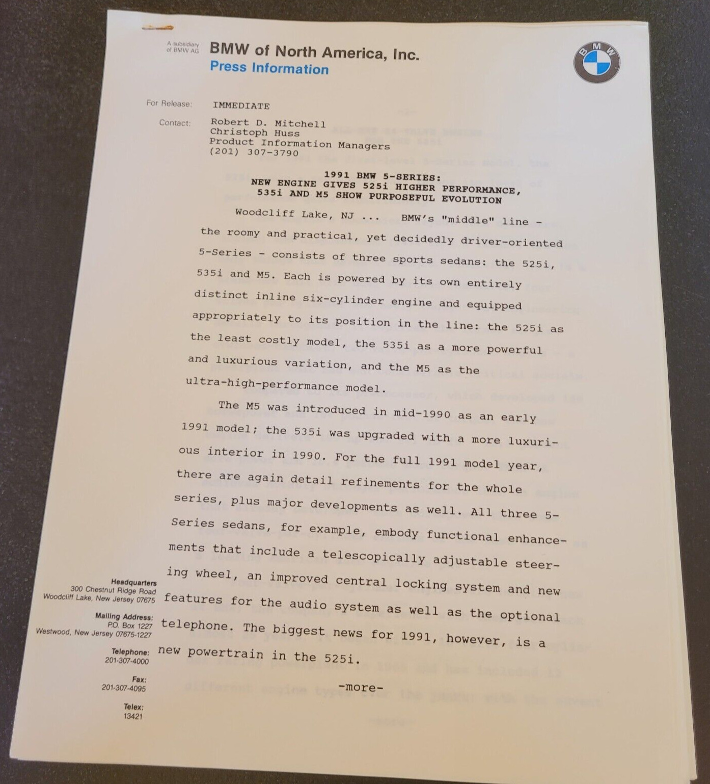 BMW 1991 5-Series Model Dealer Information Official Original Press Release