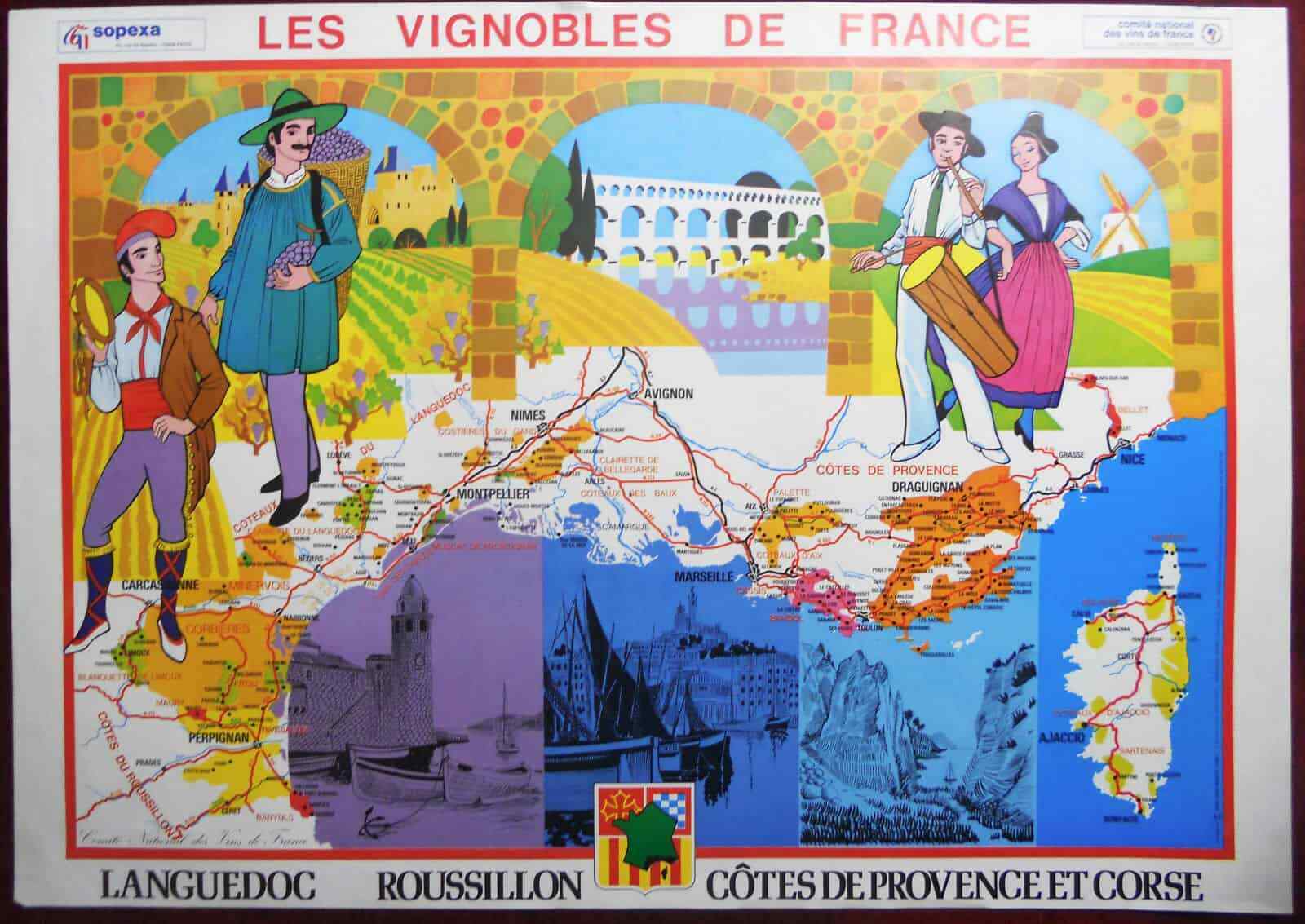 1970s Poster France Wine Map Avignon Marseille Perpignan Corsica Vineyard Grape