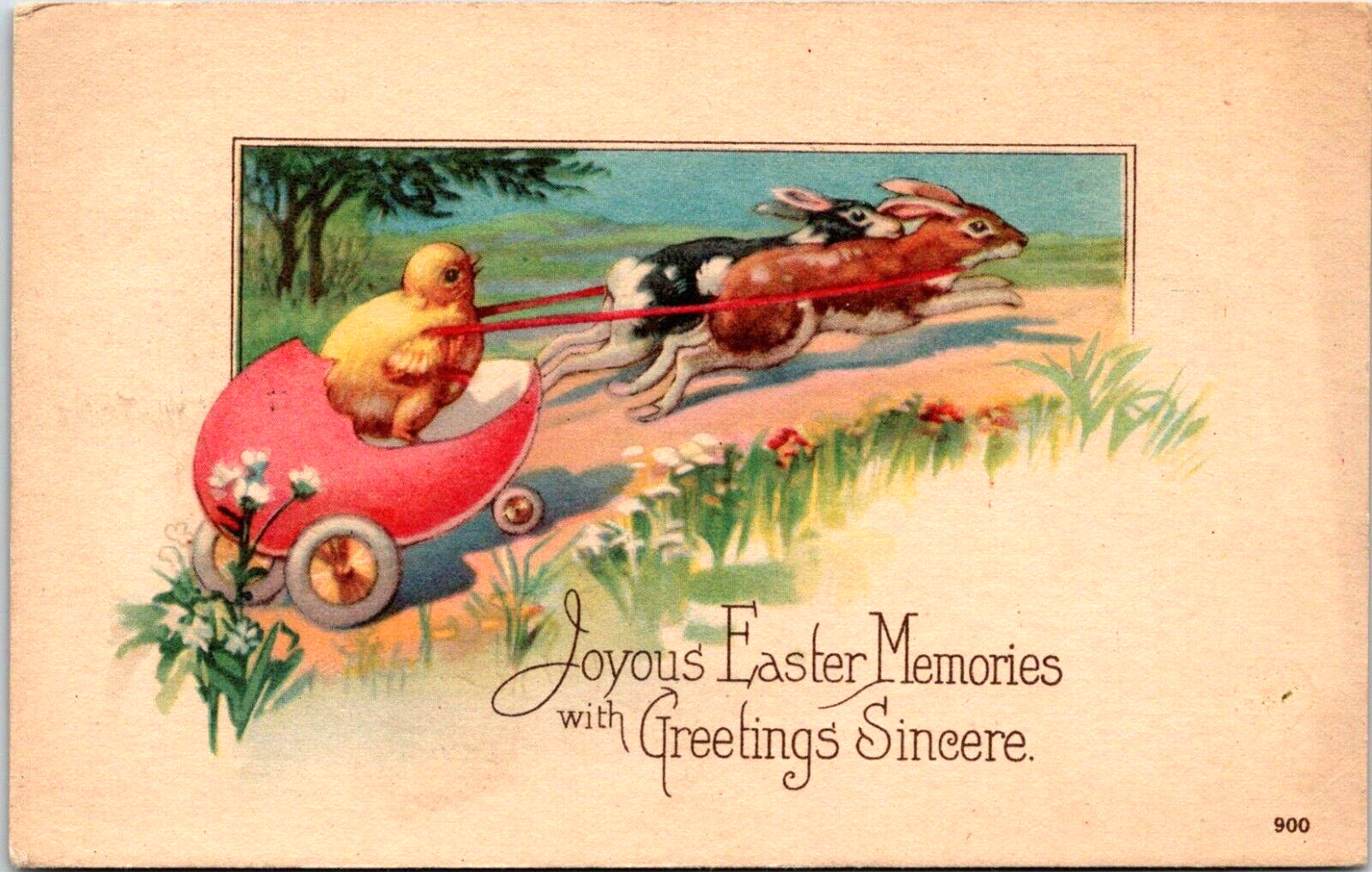 1925 Easter Greetings Sincere Postcard  Bunnies Pull Chick in Pink Egg Wagon