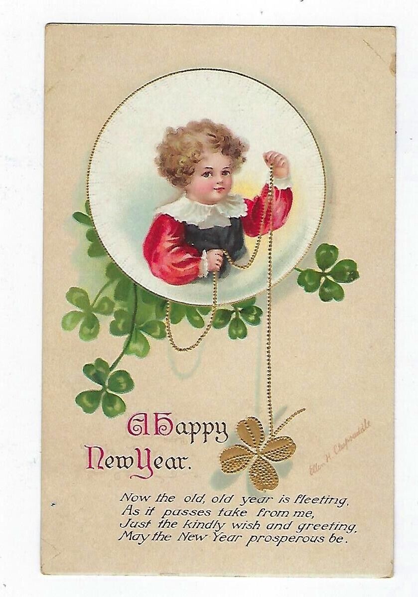 Early 1900\'s Singed Clapsaddle New Year Postcard Series 1902 Girl & 4Leaf Clover