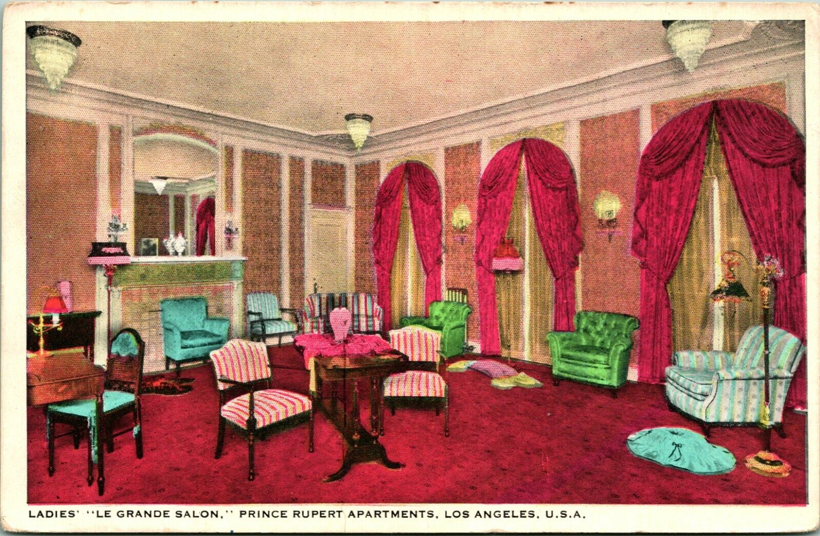 Vtg Postcard  Int Ladies\' Le Grande Salon Prince Rupert Apartments Los Angeles 