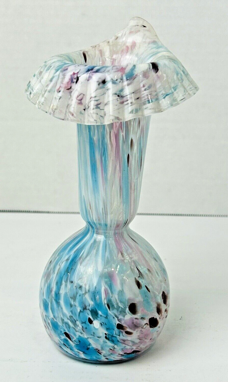 MURANO-Style Vintage END OF DAY Blue Pink Spatter Crimped Ruffle Vase