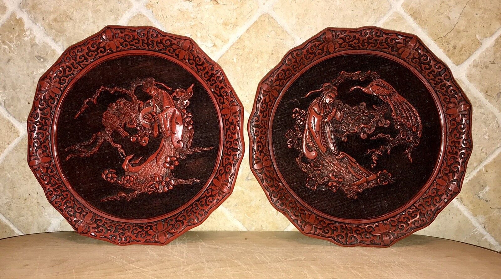 2 Mid-20th Century Chinese Hand Carved Cinnabar Lacquer Plates