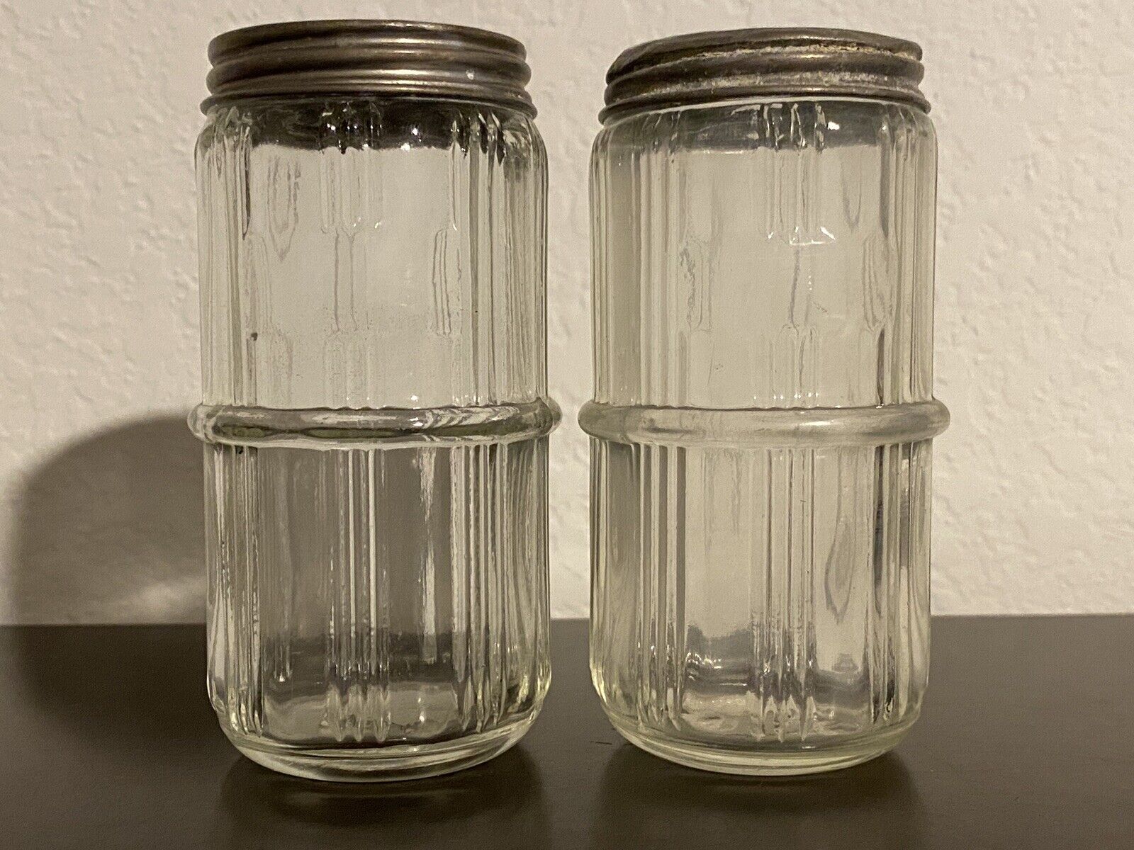 Lot of 2 Ribbed Hoosier Cabinet Glass Spice Shaker Jars w/ Lids