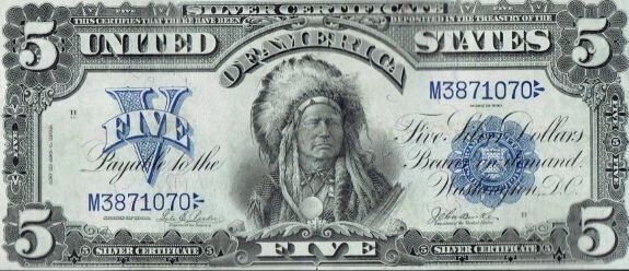 Replica 1899 $5 bill on card