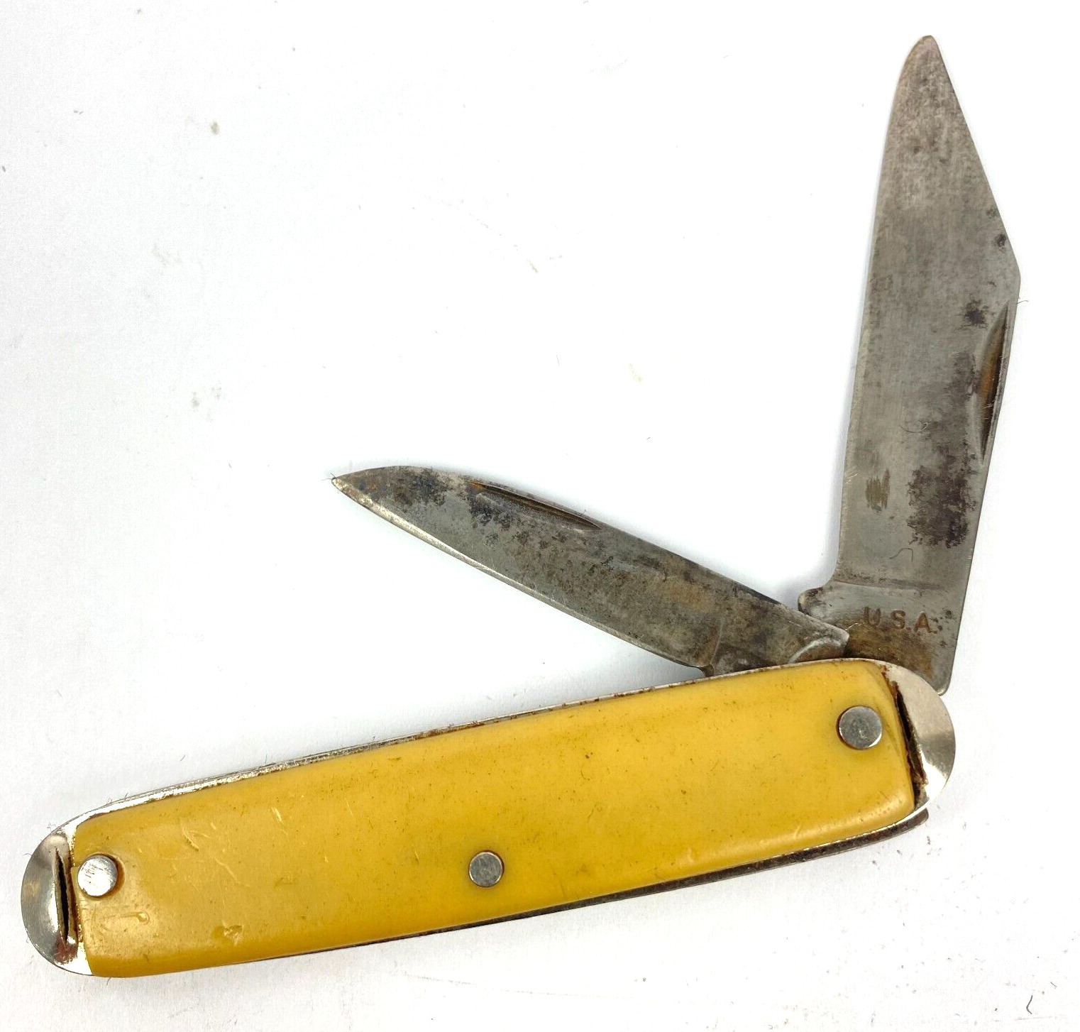 Vintage USA Made 2 Blade Folding Pocket Knife Yellow Celluloid Handle 3 1/2\