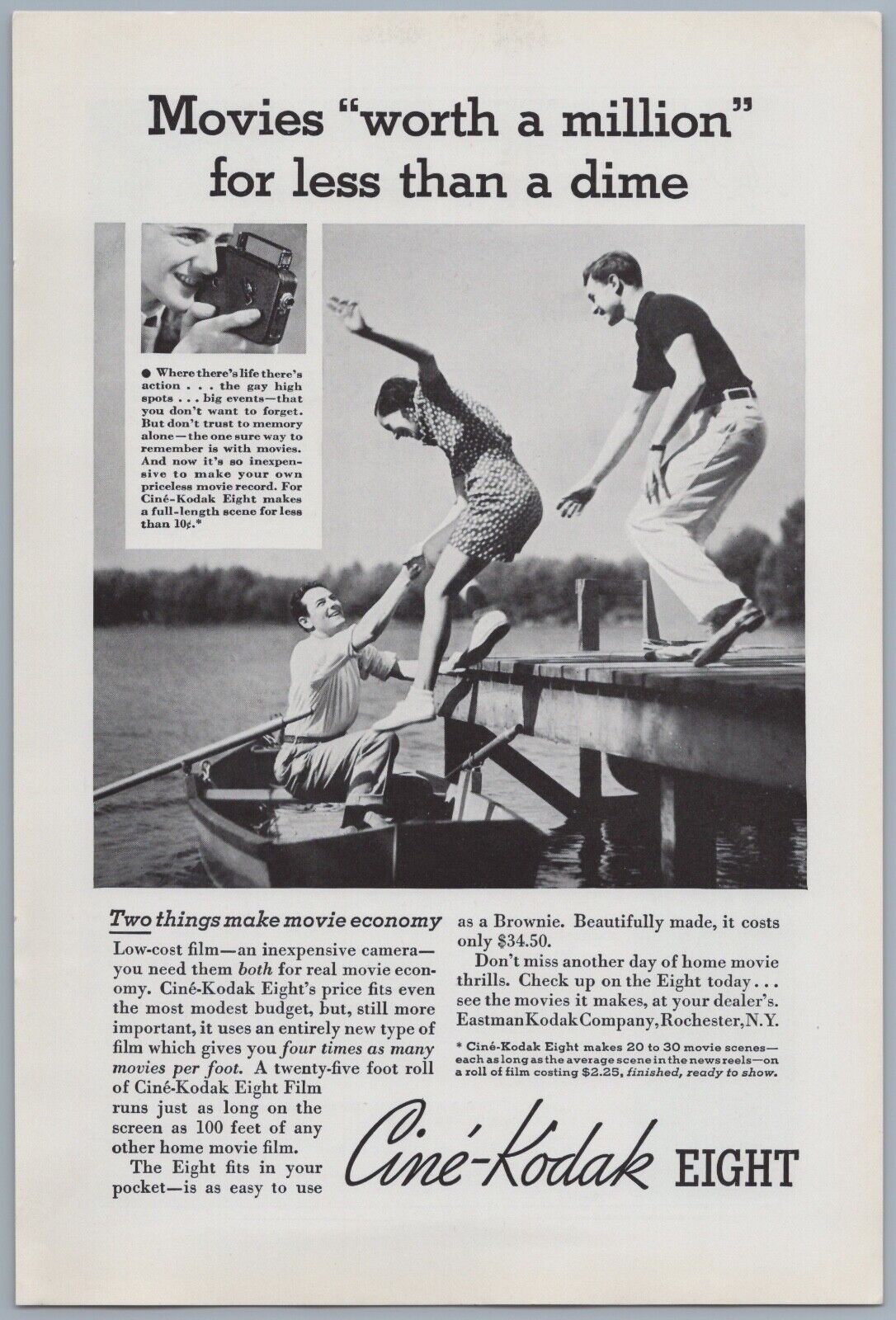 1935 Cine Kodak Eight Home Movie Camera Vintage Ad 8MM Boating Action