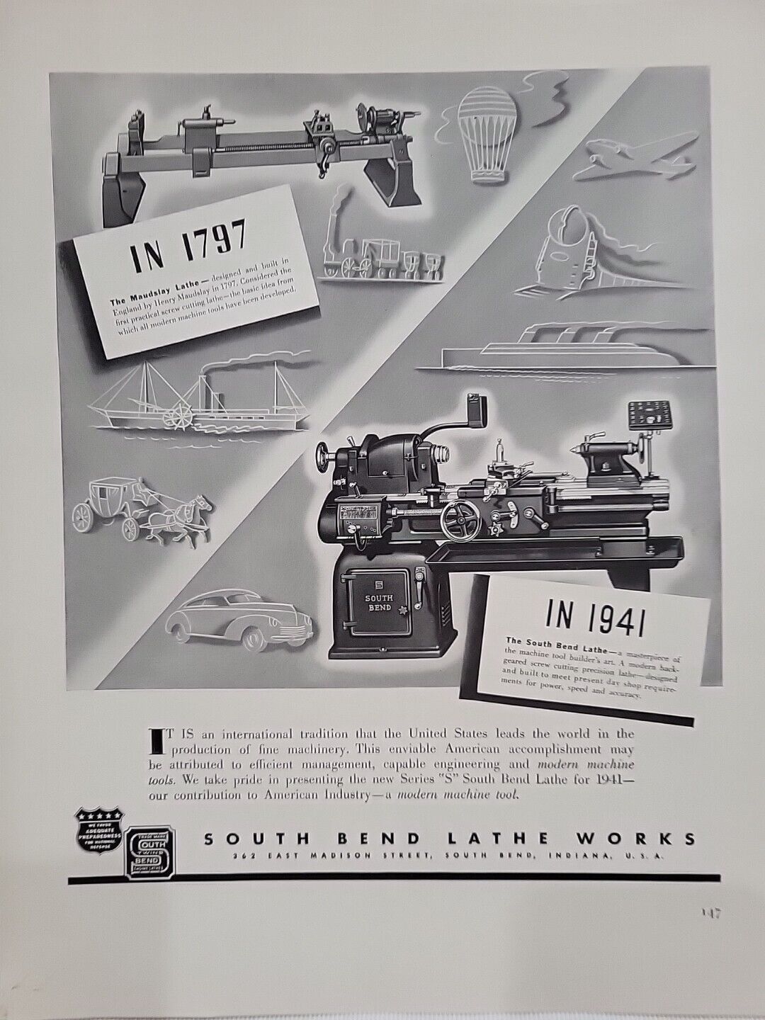 1941  South Bend Lathe Works Fortune Mag WW2 Print Ad Indiana Machinery Art Deco