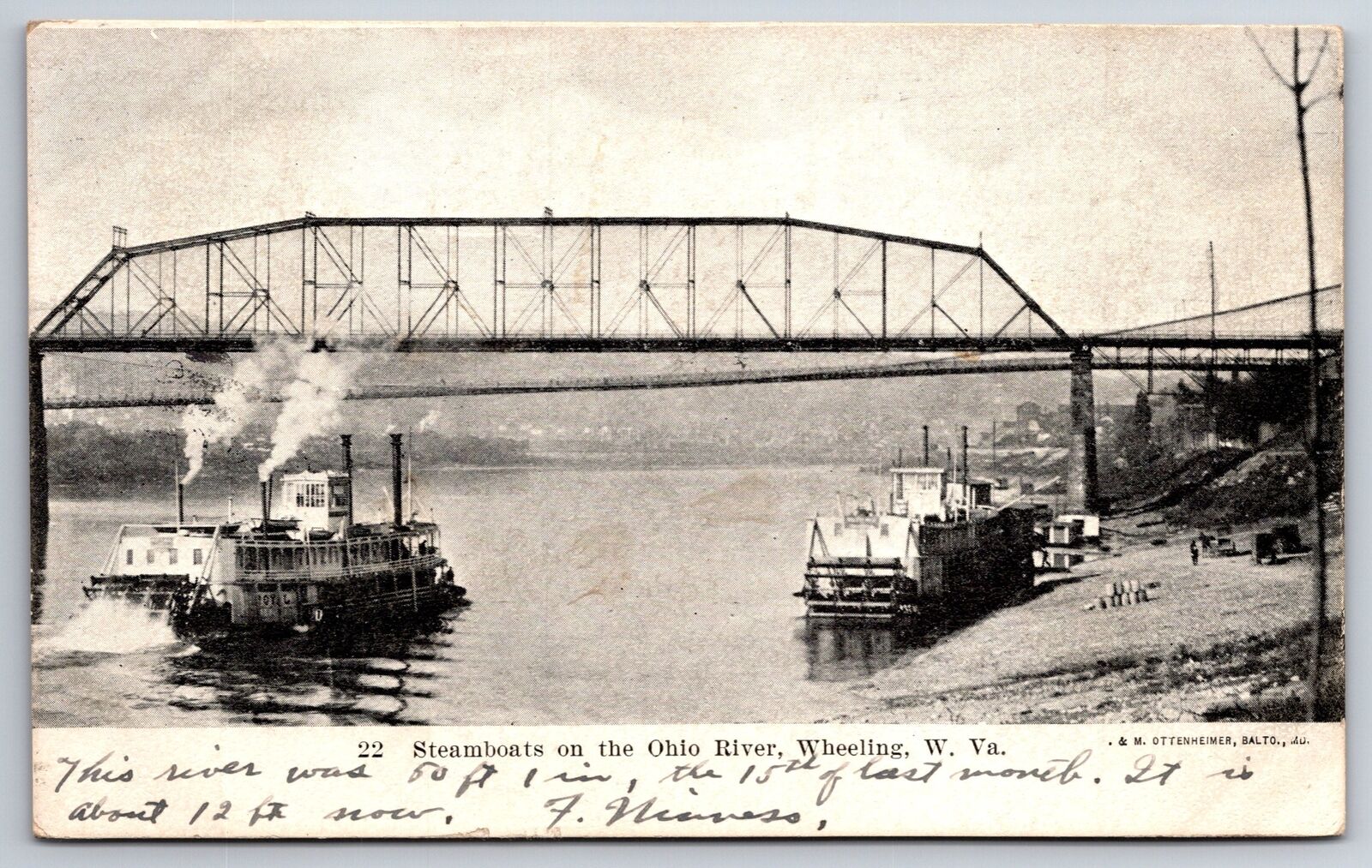 Wheeling West Virginia~Steamboats on Ohio River~Bridge~1907 B&W Postcard