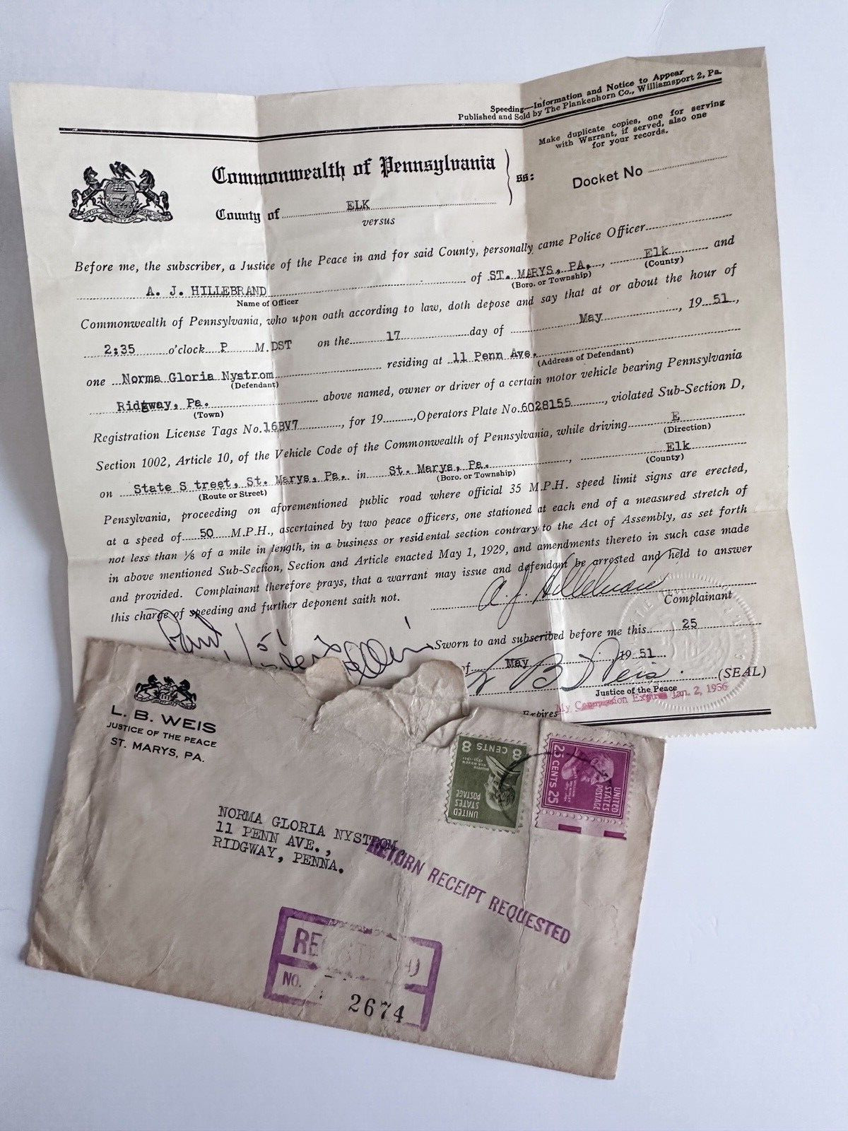 1951 Pennsylvania Speeding Ticket 50 in 35mph w/ Envelope Summons Police Officer