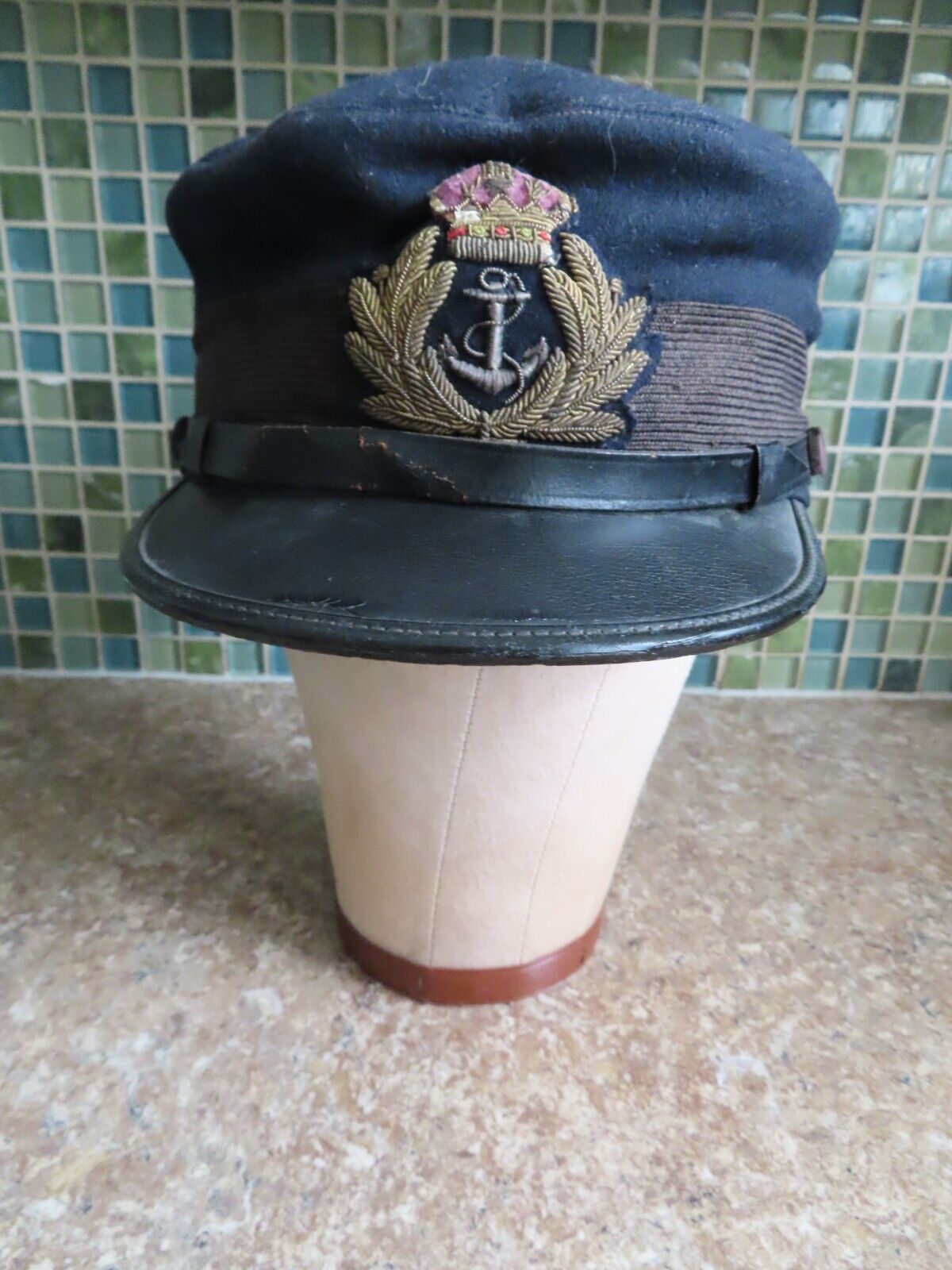 VTG Early British Military Royal Navy Wool Visor Hat Cap With Bullion Insignia