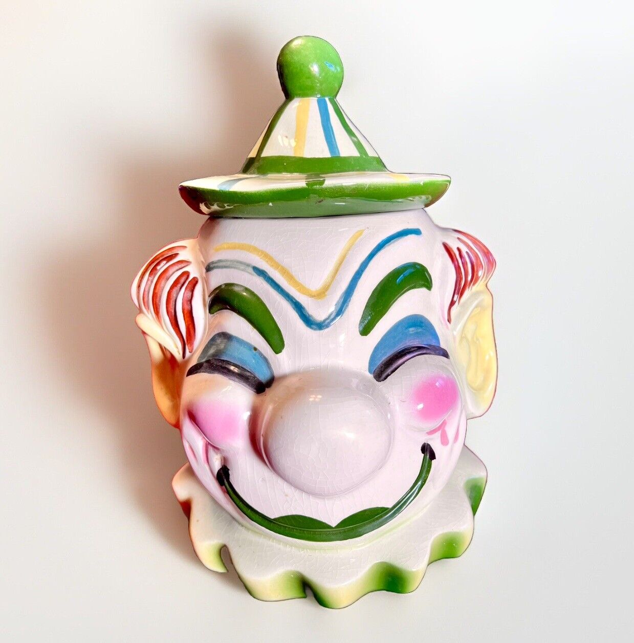 Sierra Vista Ceramic Clown Cookie Jar Pottery white nose Vintage 1950’s