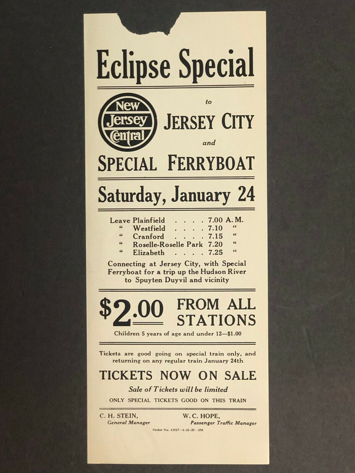 Vintage c1925 New Jersey Central RR Eclipse Special City Special Ferryboat