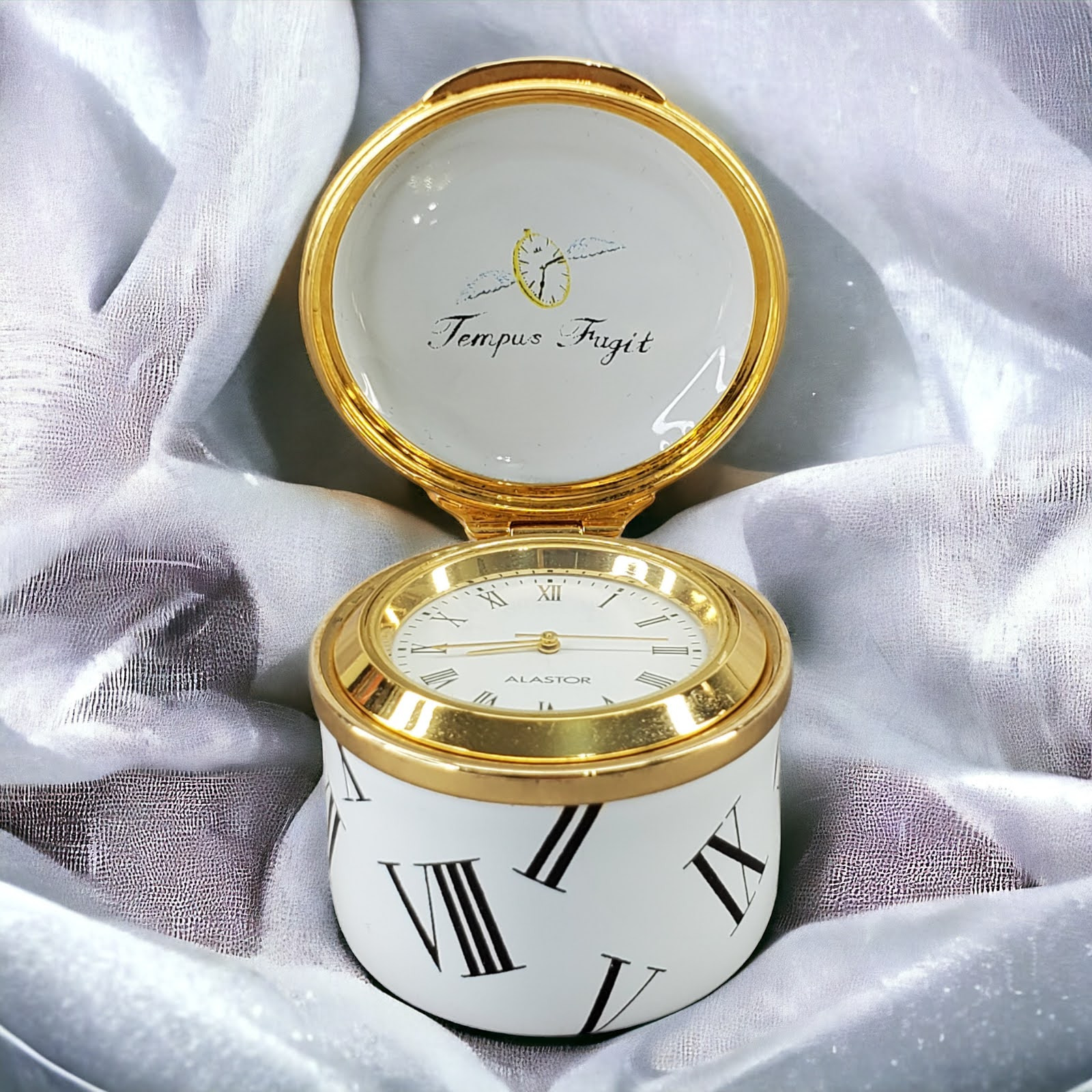 Alastor Enamels Hinged Trinket Box Clock Gold Trim Tempus Fugit Made in England