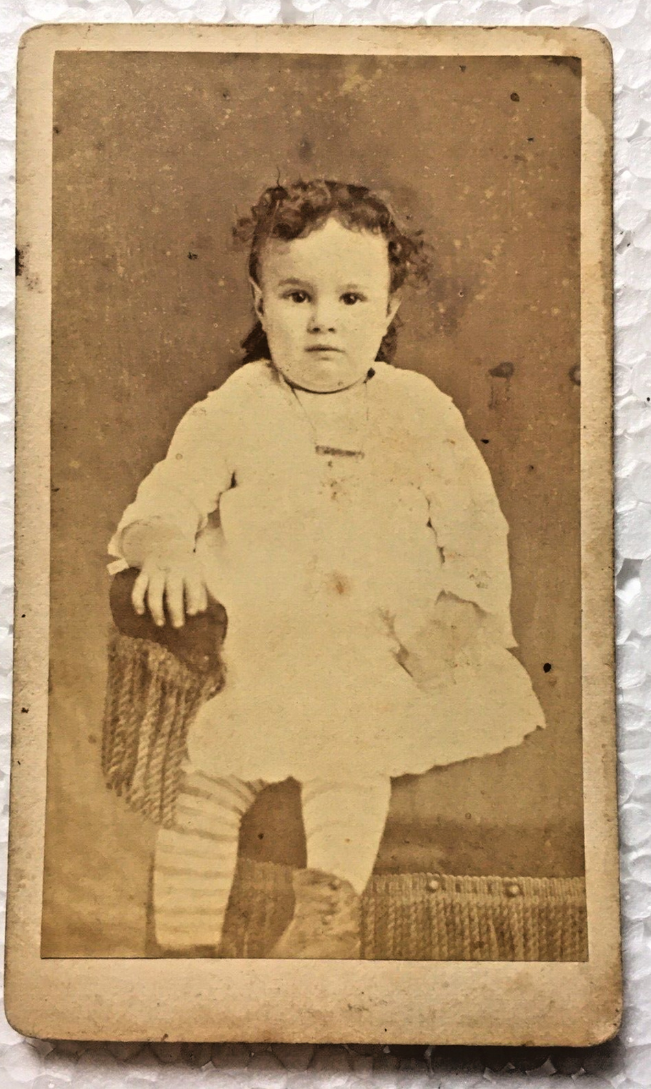 Cabinet Card CDV Photo Young Girl Toddler In Striped Stalking Taken Maine Camden