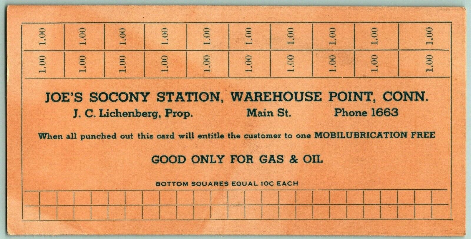 1940s Gasoline Punch Card Joe\'s Socony Standard Oil Station Warehouse Point CT