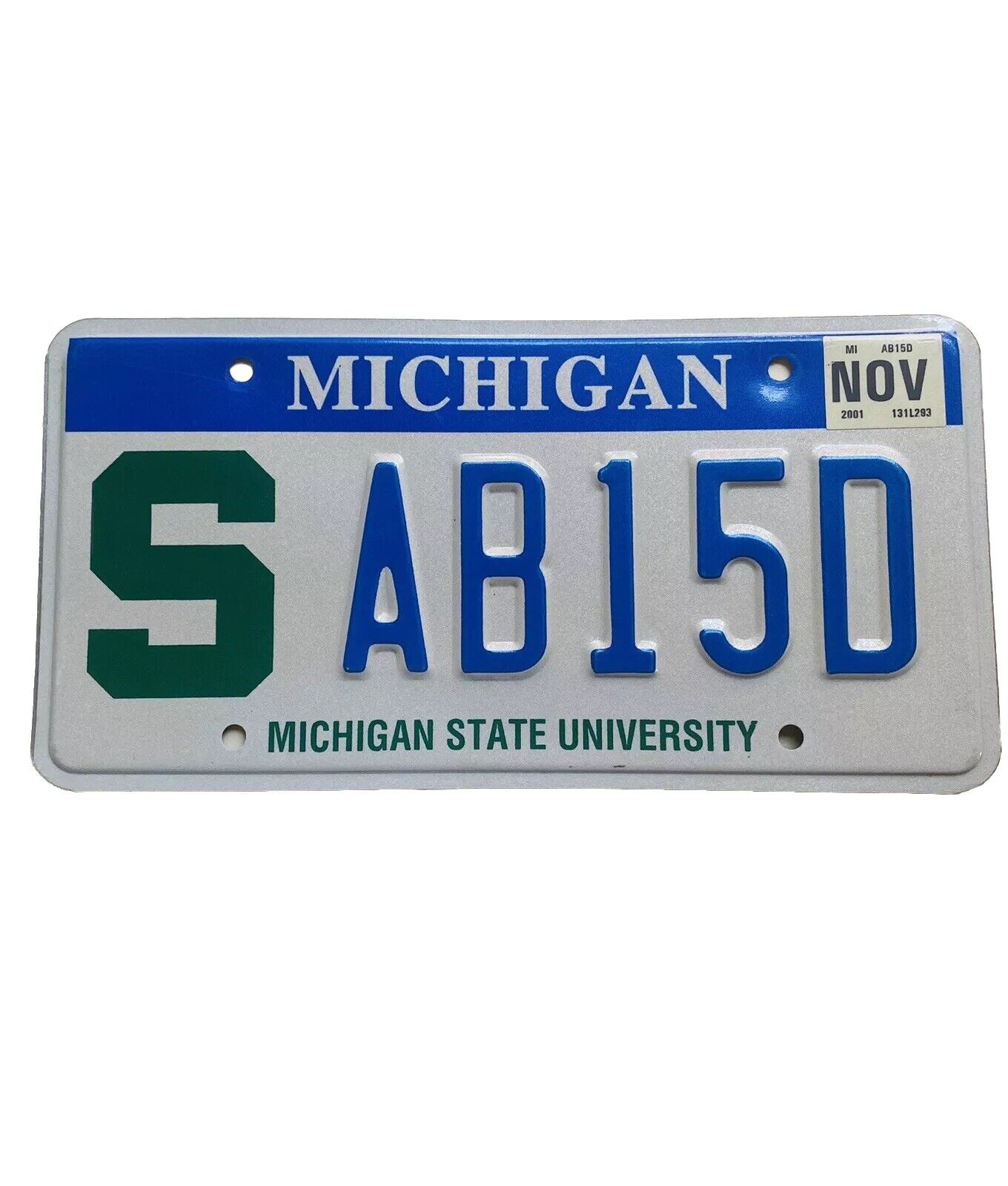 VTG November 2001 Michigan State University Spartans MSU License Tag Plate MI