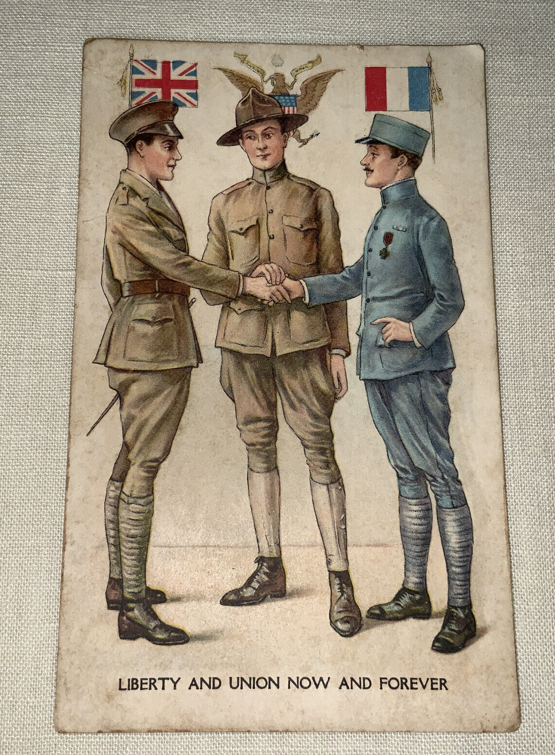 c1910\'s Military Soldier Liberty And Union Flags WWI Wall Antique Postcard