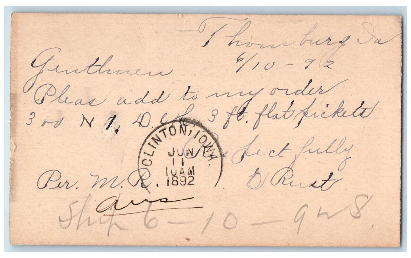 1892 Mr O Rust WJ Young and Co. Thornburg Iowa IA Clinton IA Postal Card