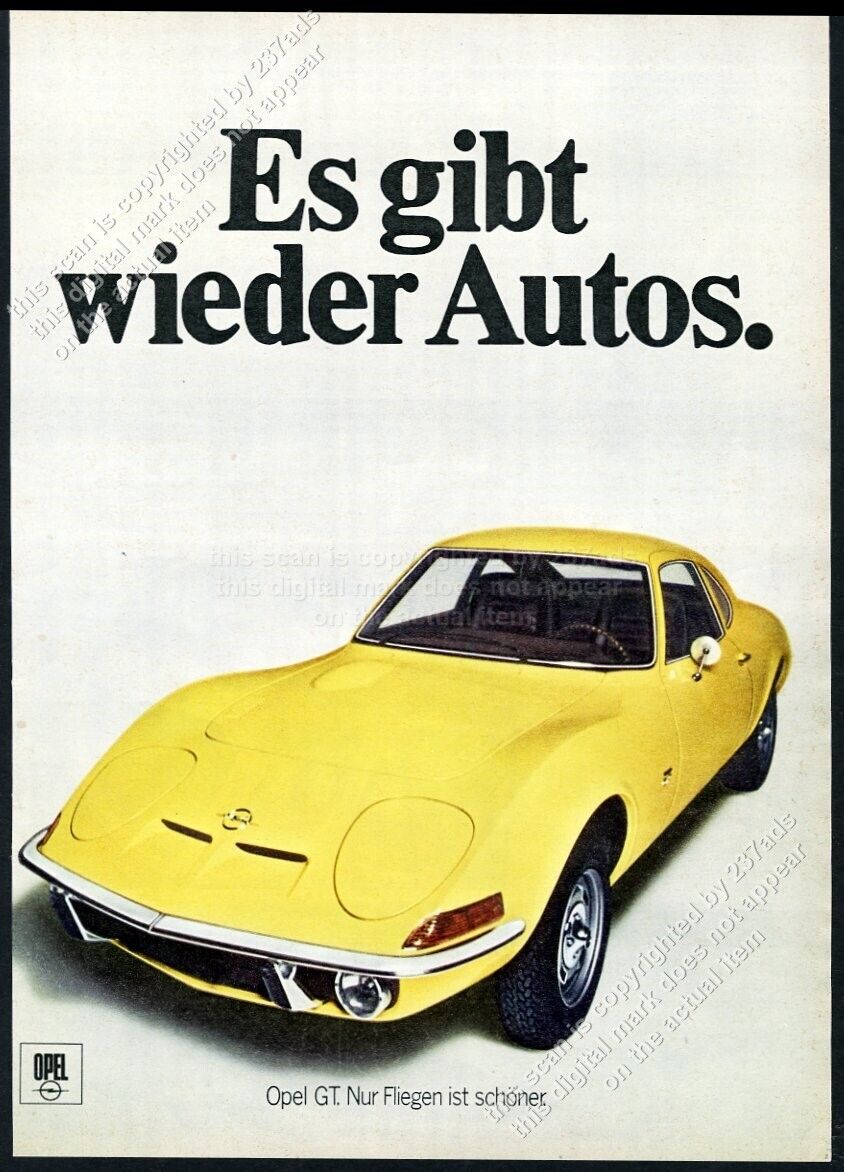 1970 Opel GT yellow car photo German vintage print ad