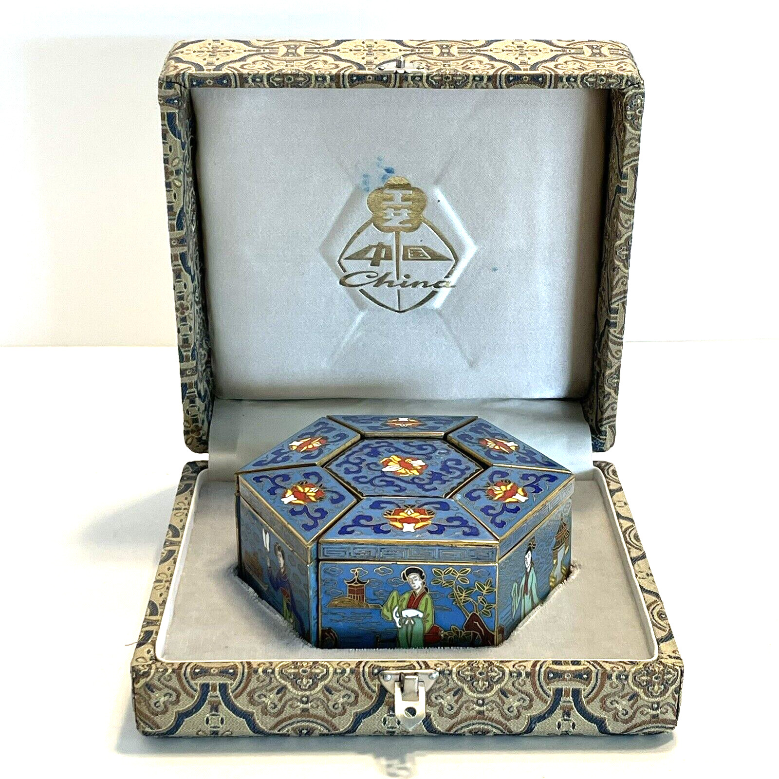 Vintage Chinese Peking Cloisonne Lidded Jewelry Trinket Box Set Hexagonal In Box