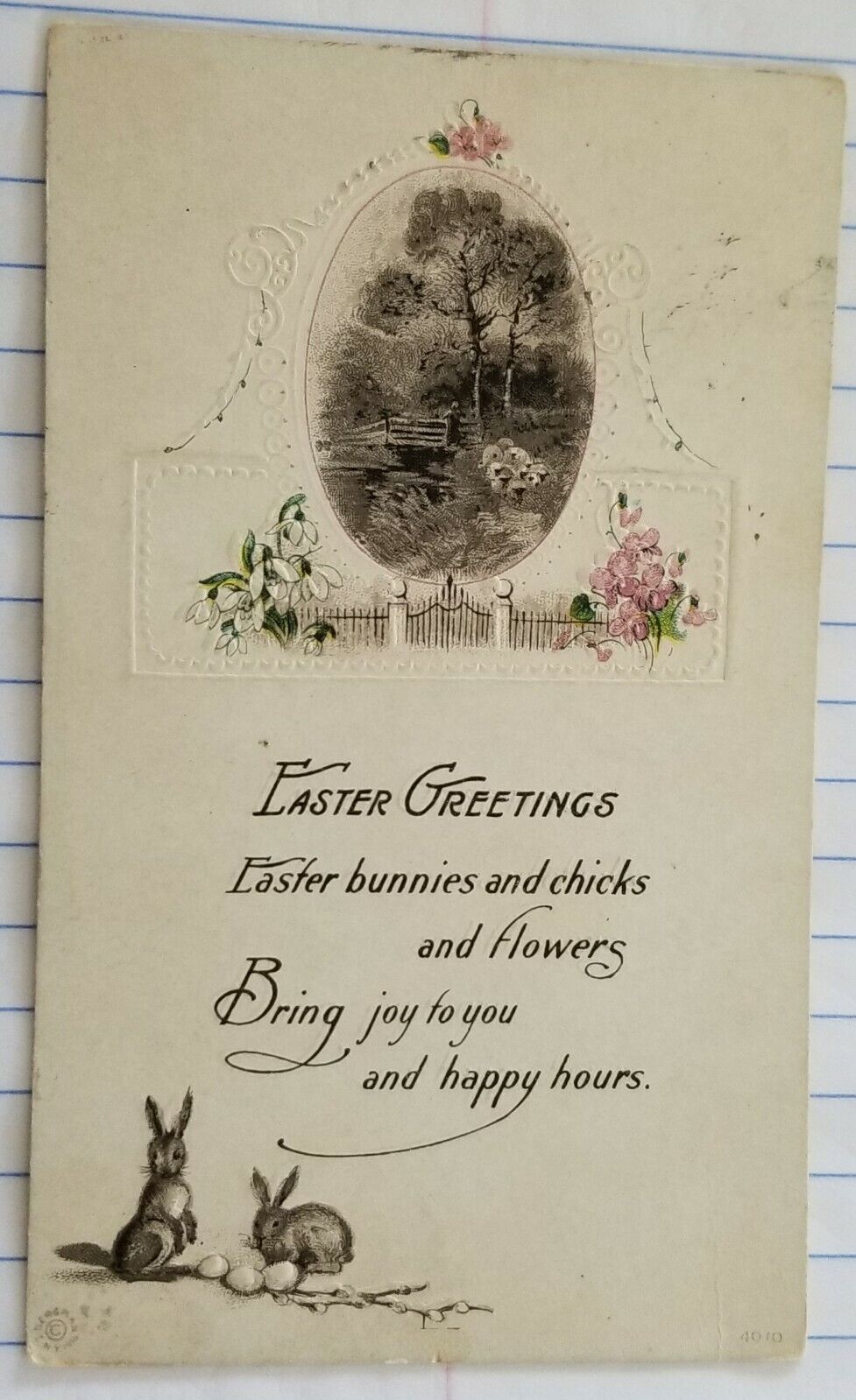 Postcard...Easter Greetings w/ Bunnies & Flowers (Early Divided Postmarked 1919)